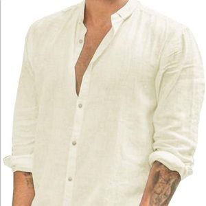 Linen off white long sleeve button down shirt worn only once for a wedding